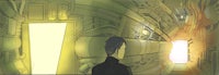 a drawing of a man in a futuristic tunnel