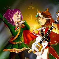two anime girls with guitars in front of a light