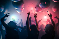 a group of people at a party with balloons
