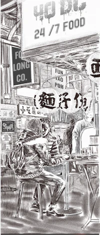 a black and white drawing of a street scene