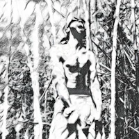 a black and white drawing of a man in the woods