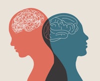 two silhouettes of a man and a woman with a brain