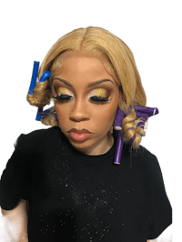 a woman wearing a wig with colorful hair