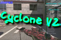 cyclone v2 with a gun in front of a building