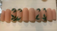 a set of pink nails with green leaves on them