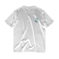 a white t - shirt with a blue logo on it
