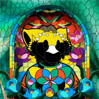 a stained glass window with a raccoon in it
