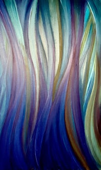 an abstract painting of blue and purple wavy lines
