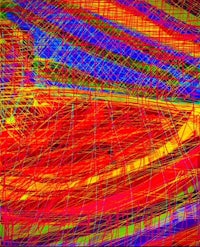 an abstract painting with red, blue, and yellow lines
