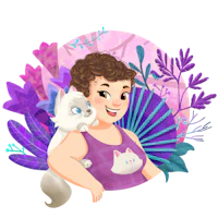 a cartoon illustration of a woman holding a cat
