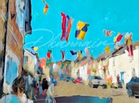 a painting of flags flying in a street