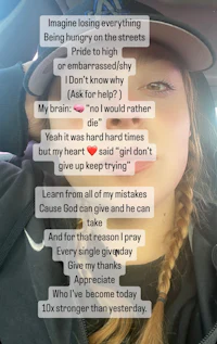 a girl is sitting in a car with a poem on it