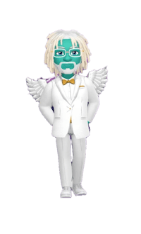 a cartoon character in a white suit with wings