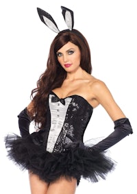 a woman in a black and white bunny costume