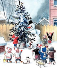 children playing around a christmas tree with a snowman