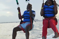 two people on a rope swing in the water