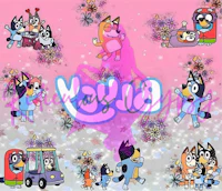 a group of cartoon characters on a pink background