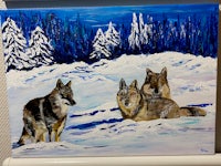 a painting of three wolves in the snow