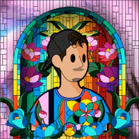 a stained glass window with a man in a hat