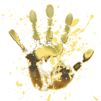 a hand with gold paint splatters on a black background