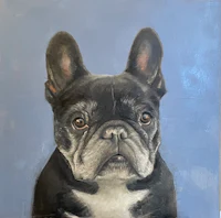 a painting of a black and white french bulldog