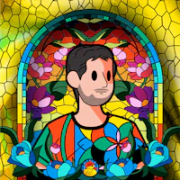 a stained glass image of a man with flowers