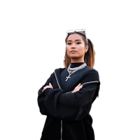 a woman wearing a black hoodie and a cross necklace