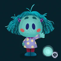 an illustration of a girl with blue hair and polka dots
