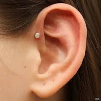 a woman's ear with a pearl piercing