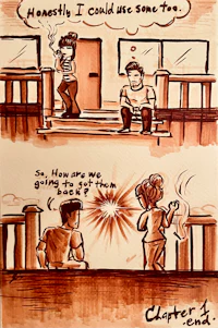a drawing of a man and a woman sitting on a porch