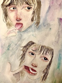 a watercolor painting of two people with their mouths open
