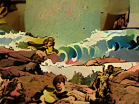 a painting of a group of people on a beach