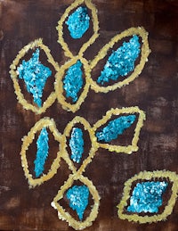 a painting with blue and gold sequins on a brown background