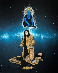 a painting of a man and a woman sitting on the ground