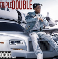the cover of triple double featuring a man sitting on a white car
