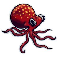 a red octopus sticker on a black background