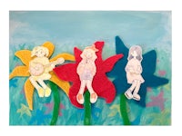 a piece of art with three girls sitting on flowers