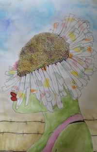 a watercolor painting of a woman with a flower on her head
