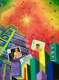 a painting of a man playing cards in front of a building