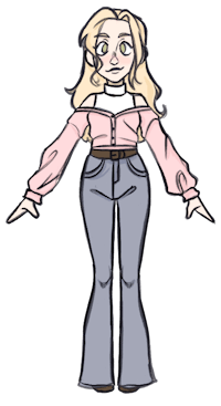 a cartoon image of a woman in jeans and a pink shirt