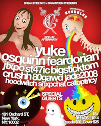 a flyer for a party with a clown and a woman