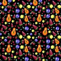a colorful fruit pattern on a black background