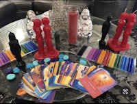 tarot cards on a table in front of a fireplace