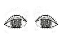 a black and white drawing of a pair of eyes
