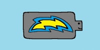 a blue and yellow wallet with a lightning bolt on it