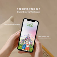 a woman holding a phone with a digital drawing wallpaper on it