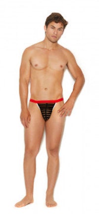 a man wearing a black and red thong