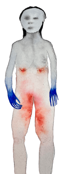 a drawing of a woman with red and blue paint on her body
