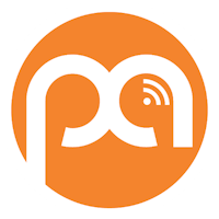 an orange and white logo with the letter p