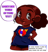 a girl in a blue t - shirt with a speech bubble